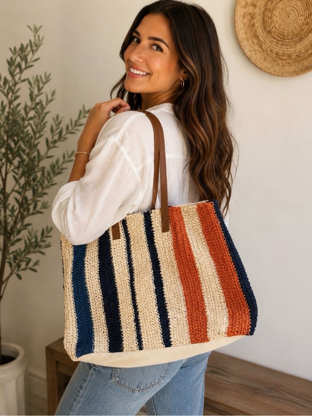 Rays For Days Striped Woven and Canvas Beach Bag